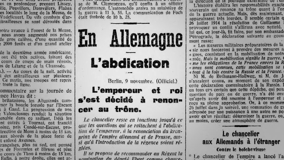 Un «gros» titre du «Journal de Genève», dans son édition du 10 novembre 1918.