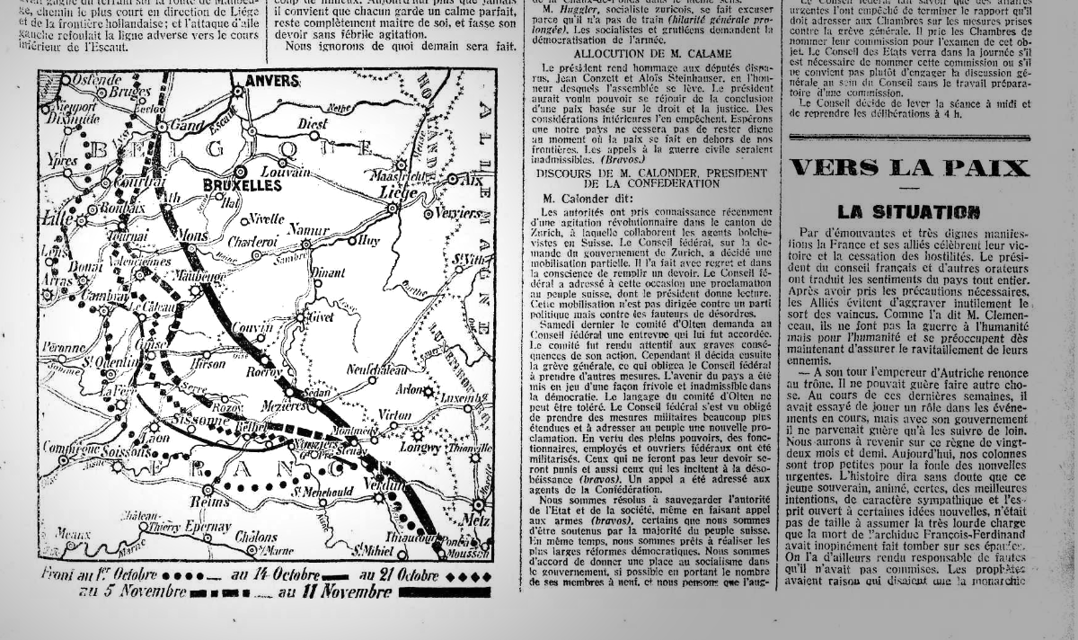 La carte du recul des forces allemandes publiée à la une du «Journal de Genève» du 13 novembre 1918.