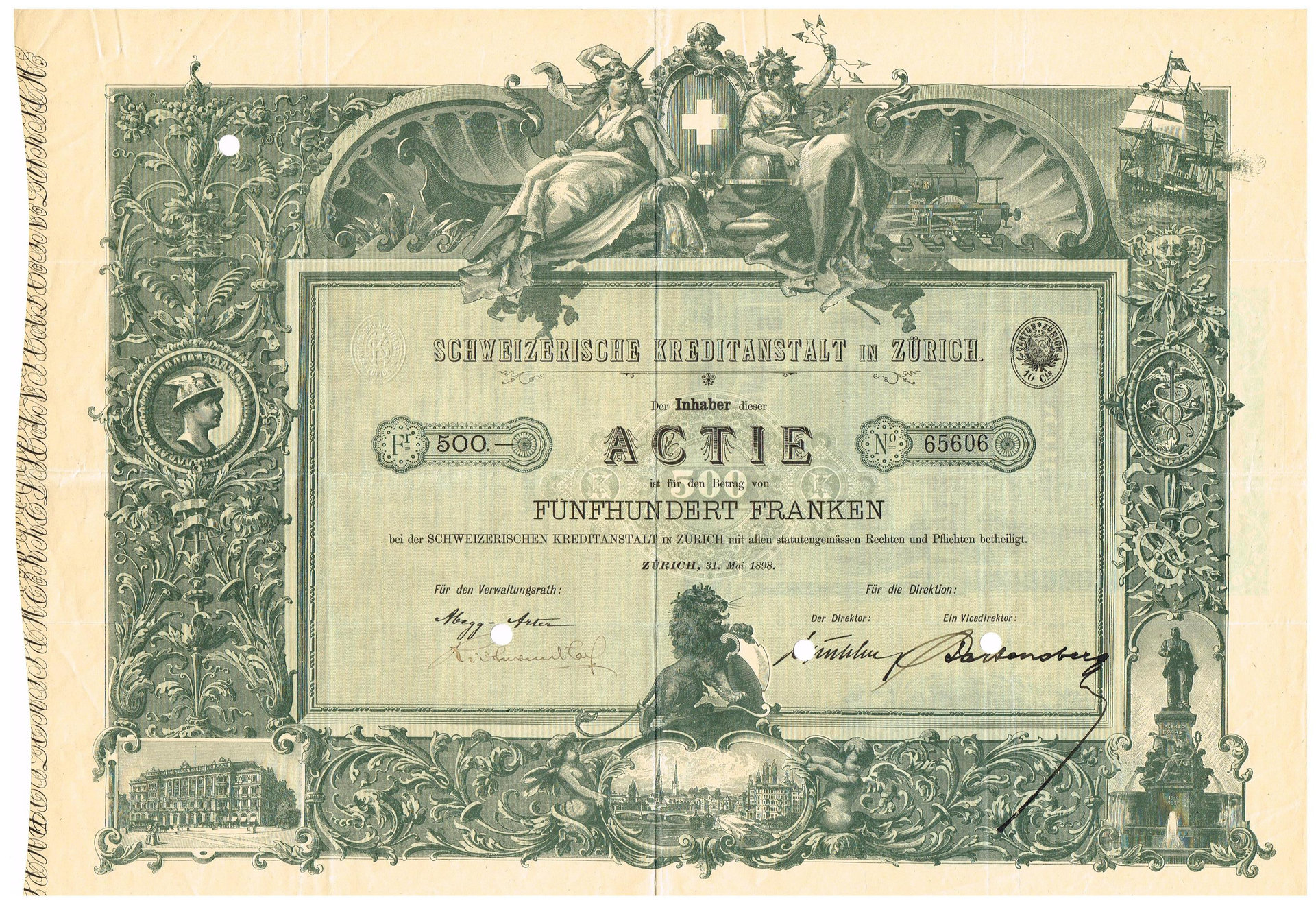 Ci-dessus: une action du Schweizerische Kreditanstalt, datée du 31 mai 1898