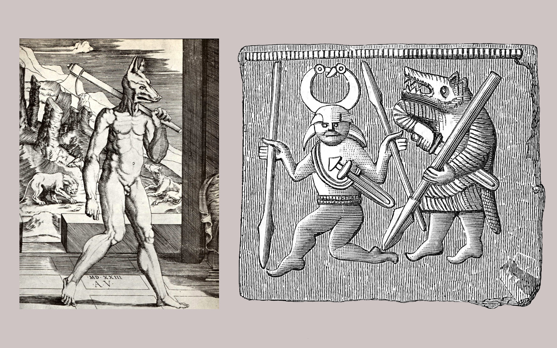 Le roi Lycaon changé en loup par Zeus (gravure du XVIe siècle, à gauche). Un guerrier berseker (à droite) sur une reproduction gravée moderne de l’une des plaques en bronze de Torslunda (Suède, VI-VIIe siècle).